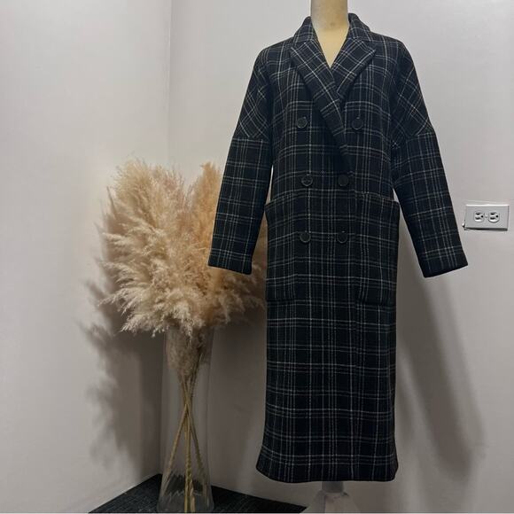 Zara Plaid Checked Double breasted Wool Long Coat Size XS - Picture 8 of 15